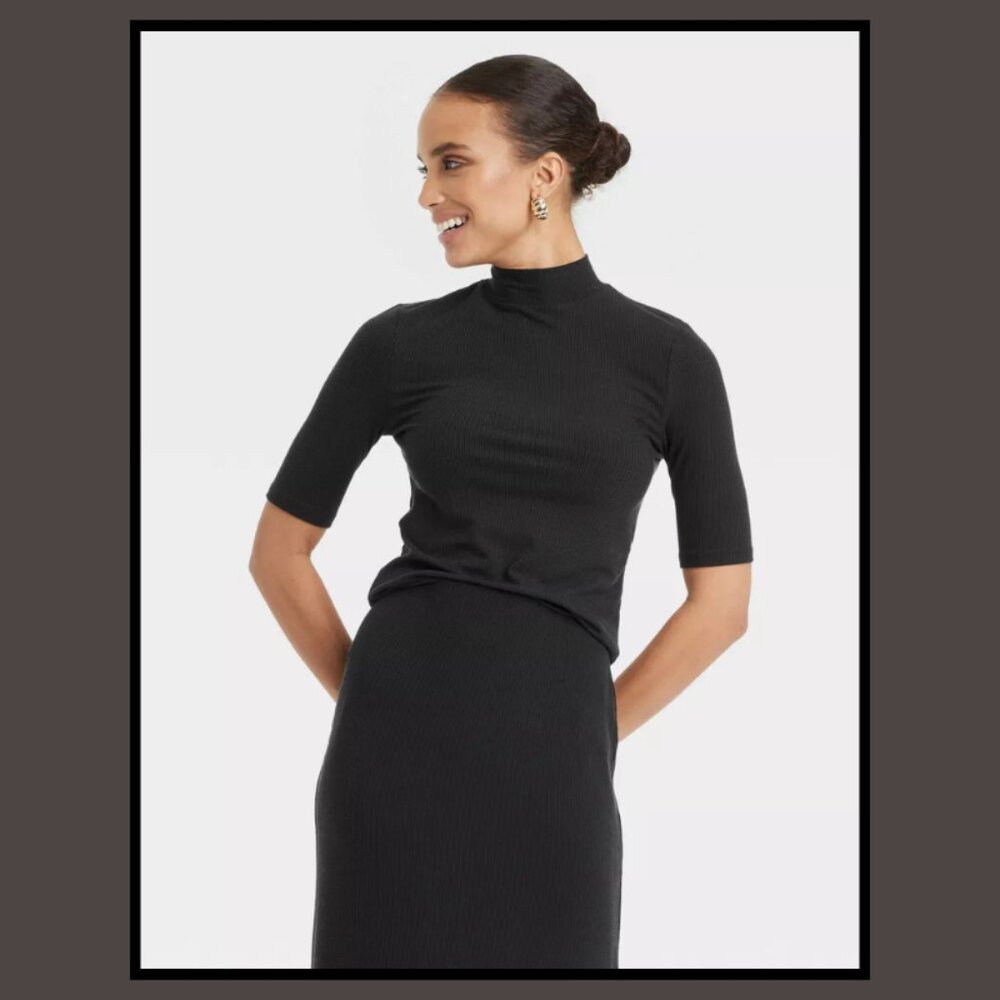 Women's Elbow Sleeve Mock Turtleneck Ribbed T-Shirt - A New Day™
